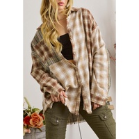 Brown Multi Plaid Patchwork Raw Edge Casual Shirt - XL thumbnail