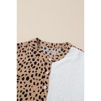 Khaki Leopard Contrast Half Button Casual Blouse - M thumbnail