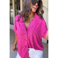 Bright Pink Lapel Neck Checkered Textured Short Sleeve Shirt - S thumbnail