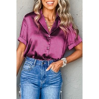 Rose Red Fold Cuffs Short Sleeve Satin Shirt - XL thumbnail