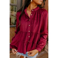 Burgundy Corduroy Ruffle Tiered Buttoned O Neck Shirt - XL thumbnail
