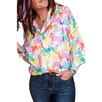 White Colorful Horse Printed Long Sleeve Button Up Casual Shirt - M thumbnail