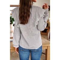 Brown Plaid Flounce Sleeve Notched Neck Ruffled Shirt - L thumbnail