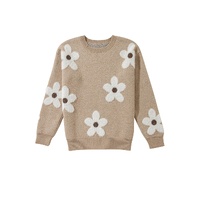 Parchment Flower Pattern Ribbed Trim Crew Neck Sweater - L thumbnail
