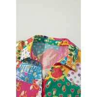 Rose Red Colorblock Abstract Print Button up Loose Shirt - XL thumbnail