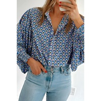 Sky Blue Abstract Print Shirred Cuff Buttoned Oversized Shirt - M thumbnail