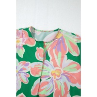 Green Floral Print Button up Pleated Puff Sleeve Loose Shirt - L thumbnail