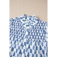 Sky Blue Boho Floral Printed Lantern Sleeve Frilled Neck Shirred Shirt - L thumbnail