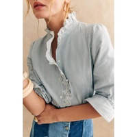 Sky Blue Stripe Frilled Trim Button Up Long Sleeve Shirt - L thumbnail