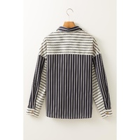 Black Stripe 2-tone Patchwork Half Buttons Chest Pockets Casual Blouse - XL thumbnail