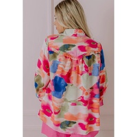 Rose Abstract Print Ruffled Puff Sleeve Shirt - L thumbnail
