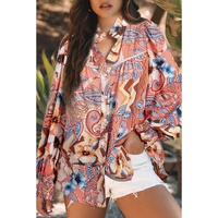 Orange Floral Print Shirred Cuff Buttoned Loose Shirt - L thumbnail
