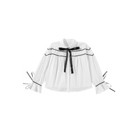 White Black Pipping Ribbon Bowtie Collared Ruffled Puff Sleeve Shirt - L thumbnail