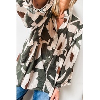 Four Leaf Clover Abstract Floral Print Puff Sleeve Half Button Blouse - L thumbnail