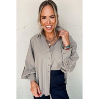 High Solid Color Balloon Sleeve Side Slits Loose Fit Shirt - L thumbnail