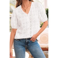 White Lace Puff Sleeve V Neck Button Up Shirt - M thumbnail