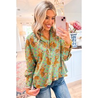 Green Tiger Floral Printed Collared V Neck Casual Shirt - S thumbnail