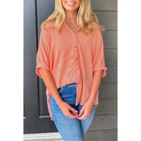 Grapefruit Orange Corded Half Sleeve Button Up High Low Hem Loose Shirt - S thumbnail