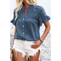 Real Teal Solid Color Ruffle Ruched Short Sleeve Buttoned Shirt - S thumbnail