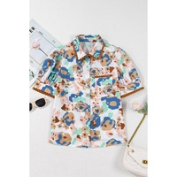 Multicolour Floral Print Ricrac Trim Collared Puff Short Sleeve Shirt - M thumbnail