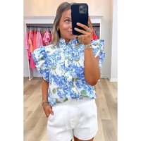 Sky Blue Floral Print Ruffle Sleeve Frilly Button Up Shirt - L thumbnail