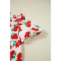Red Floral Print Ruffled Puff Sleeve Elegant Summer Shirt - S thumbnail