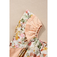 Apricot Pink Floral Patchwork Square Neck Ruffle Sleeve Blouse - M thumbnail