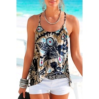 Beige Floral Spaghetti Straps Strappy Back Tank Top - M thumbnail