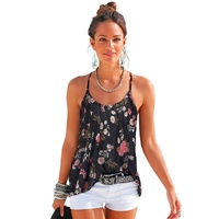 Black Floral Spaghetti Straps Strappy Back Tank Top - L thumbnail