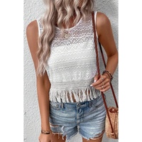 White Lace Crochet Hollow out Fringed Tank Top - L thumbnail