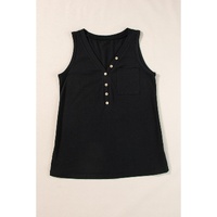 Black Half Button V Neck Patched Pocket Tank Top - S thumbnail