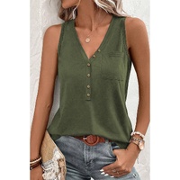 Jungle Green Half Button V Neck Patched Pocket Tank Top - L thumbnail