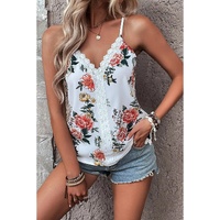 White Floral Print Lace V Neck Tank Top - L thumbnail
