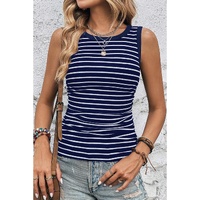 Blue Stripe Contrast Round Neck Sleeveless Slim Top - L thumbnail