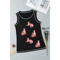 Black Sequin Cheetah Round Neck Stitching Loose Tank Top - S thumbnail