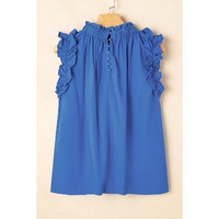 Sky Blue Frilled Neck Ruffled Armholes Buttoned Back Tank Top - L thumbnail