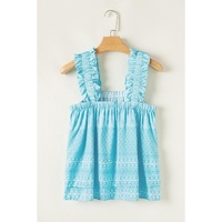 Sky Blue Tribal Pattern Print Ruffled Wide Straps Loose Tank Top - L thumbnail