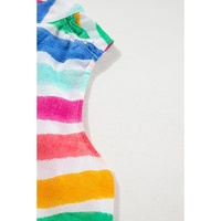 Rose Red Rainbow Stripes Ruffled Hem Drawstring V Neck Tank Top - L thumbnail