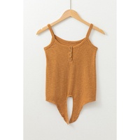 Straw Yellow Ribbed Front Knot Buttoned Thin Strap Tank Top - L thumbnail
