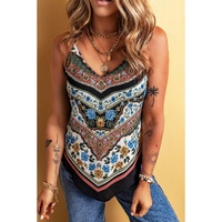 Red Mixed Floral Chevron Pattern Dip Hem Spaghetti Straps Tank - M thumbnail