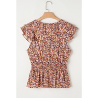 Red Floral Print Knot V Neck Ruffled Sleeve Blouse - XL thumbnail