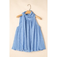 Myosotis Textured Pleated Tied Mock Neck  Flowy Tank Top - L thumbnail