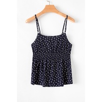 Blue Floral Print Spaghetti Strap Buttoned V Neck Tank Top - L thumbnail