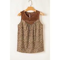 Brown Eyelet Knit Yoke Patchwork Printed Flowy Fit Tank Top - S thumbnail
