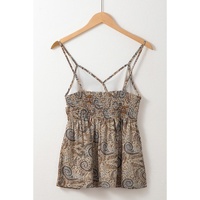 Khaki Paisley Printed Spaghetti Strap V Neck Smocked Babydoll Tank Top - L thumbnail