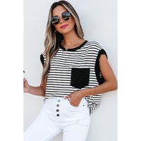Black Stripe Chest Pocket Patch Round Neck Tank Top - L thumbnail