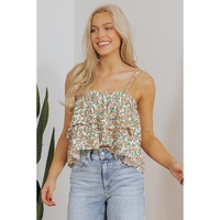 White Boho Floral Spaghetti Strap Ruffle Summer Tank Top - L thumbnail