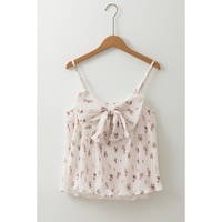 White Floral Pleated Big Bow Back Spaghetti Straps Tank Top - L thumbnail