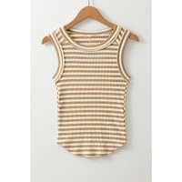 Khaki Stripe Exposed Seam Trim Round Neck Sleeveless Top - L thumbnail