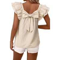 Beige Textured Bow Knot Frilled Butterfly Sleeve Blouse - M thumbnail